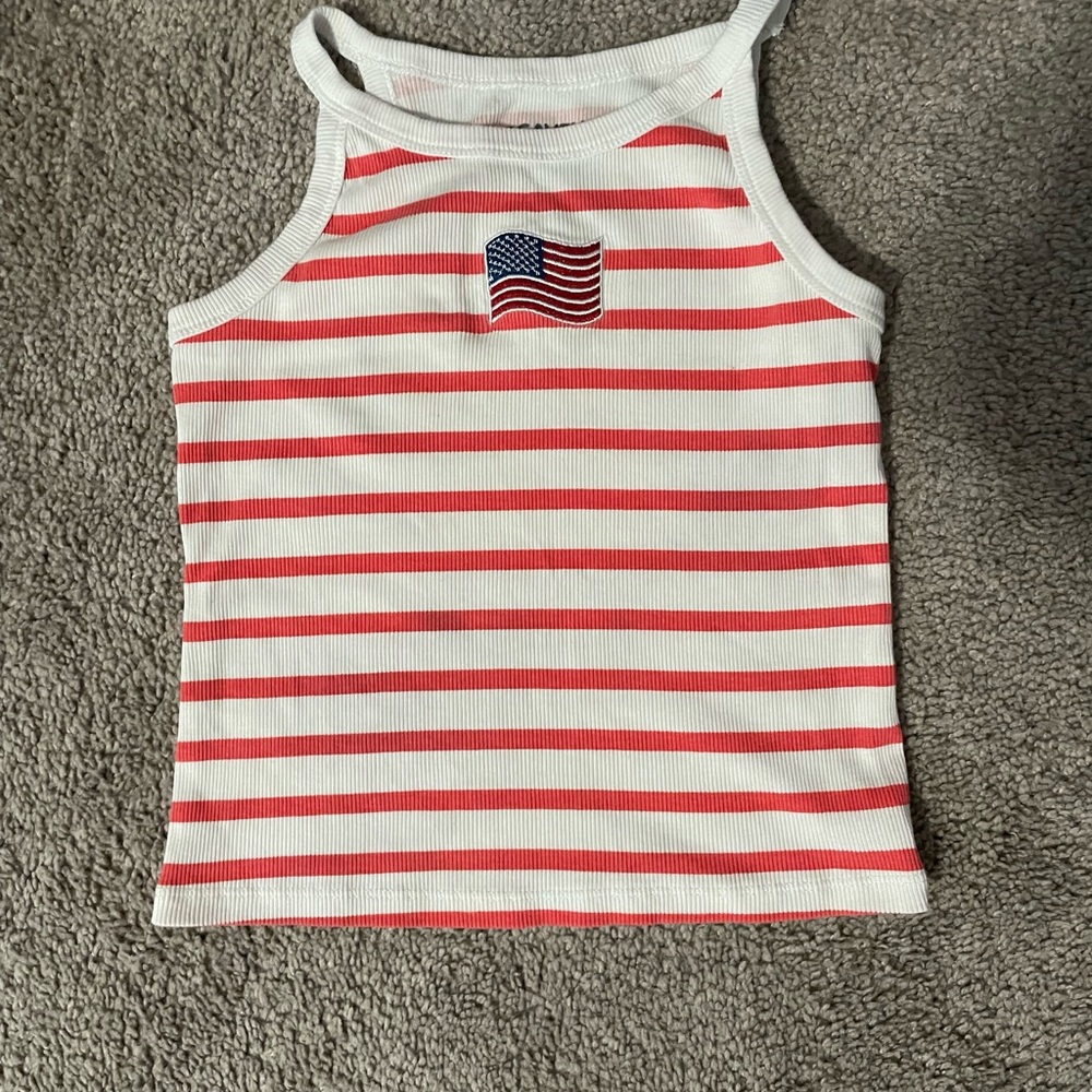 Girls' Striped Red & White Ribbed Tank with Flag Patch